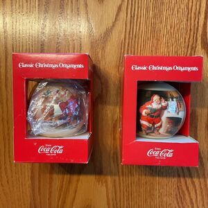 2 VTG Coca-Cola Classic Christmas Santa Ornament 1960s - Corning Glass X-MAS